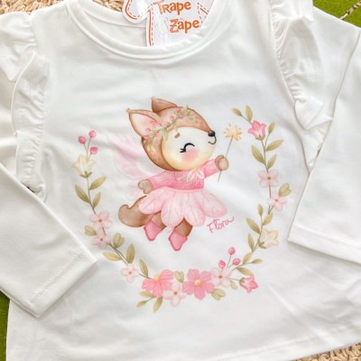 Conj. Colete Puffer Flores, Blusa Raposa Fadinha e Calça Legging - Pink e Off White